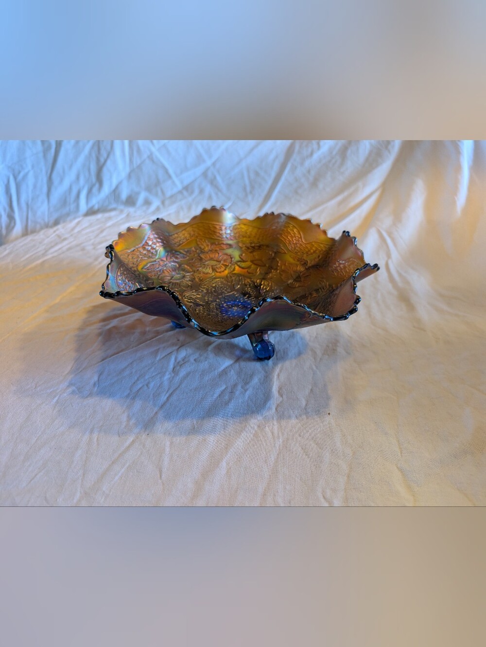 2/80$ Vintage Iridescent Gold and Blue Footed Carnival Glass Bowl